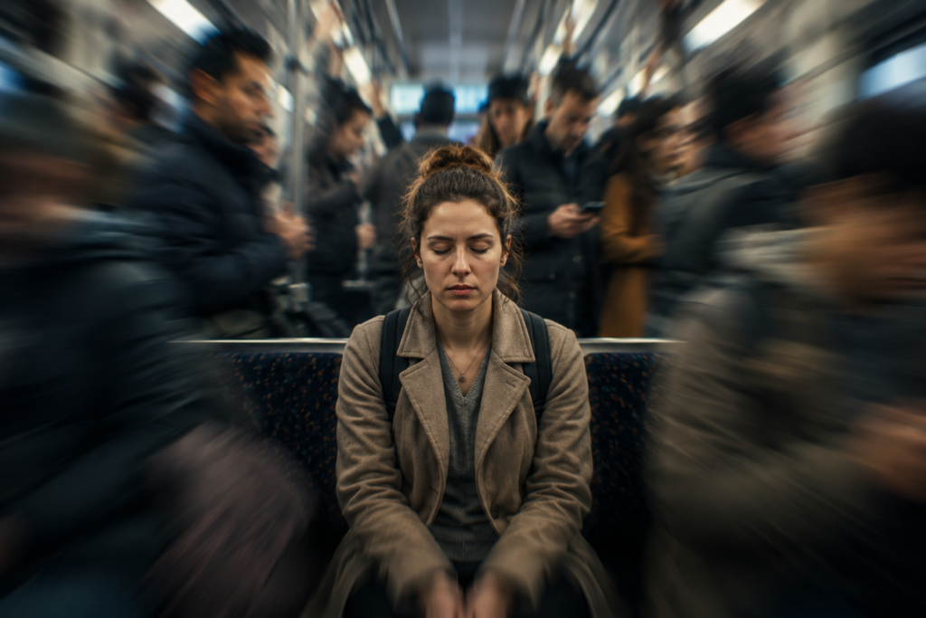 Calm woman in chaos